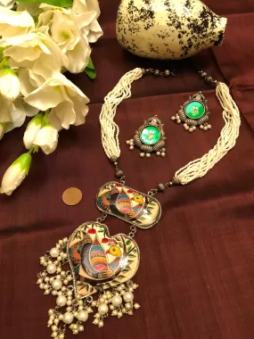 Old Metal Long Collar Shelley Necklace Set with Hand Paint