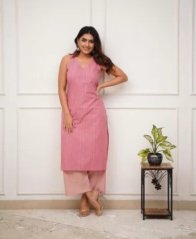 Pastel Pink Cotton Handloom Katha Work  Kurti Palazzo Set