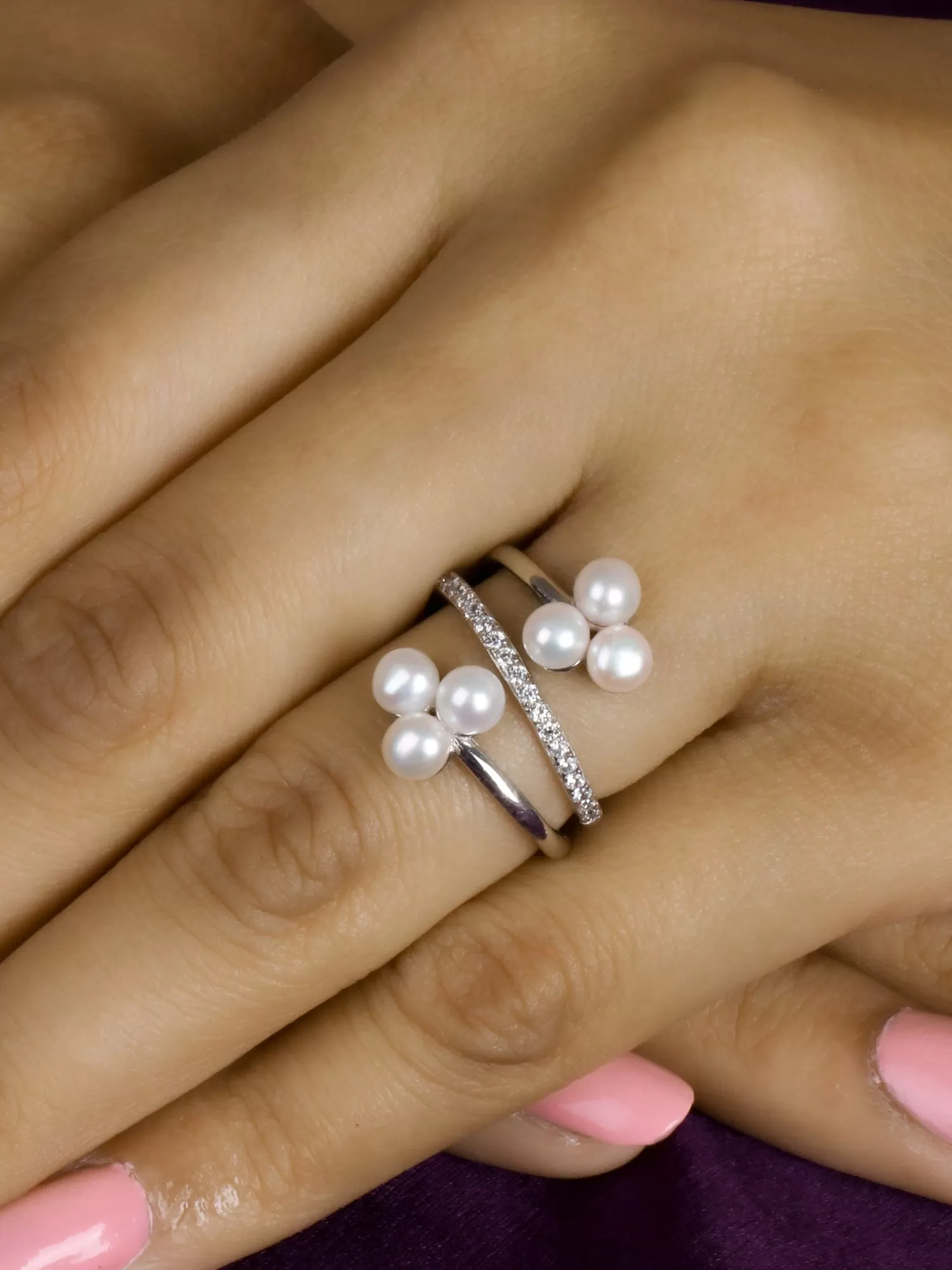 Pearl & American Diamond Silver Band Ring