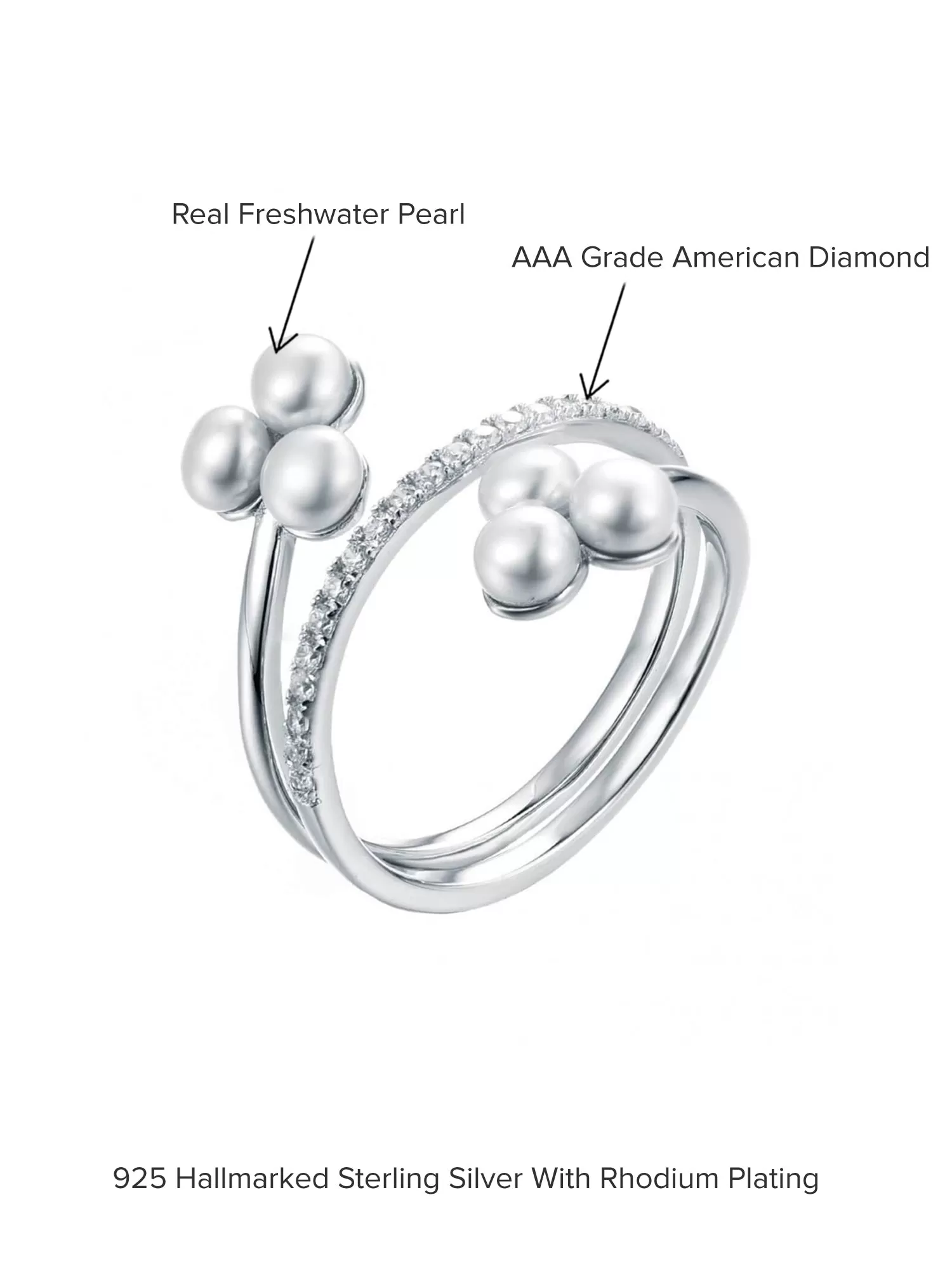 Pearl & American Diamond Silver Band Ring