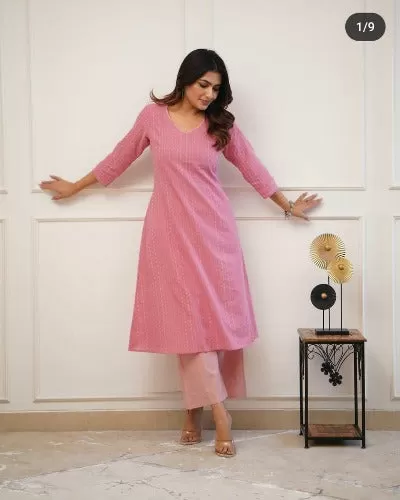 Pink Embroidered Rayon Kurti Pant Set Of 2