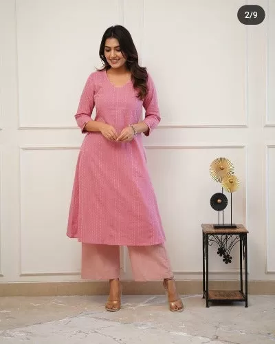 Pink Embroidered Rayon Kurti Pant Set Of 2