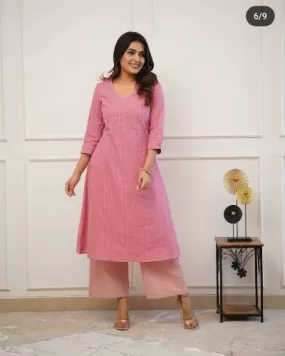 Pink Embroidered Rayon Kurti Pant Set Of 2