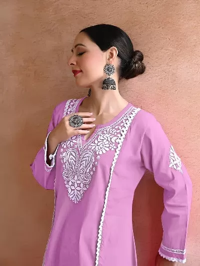 Pink Rayon Lucknowi Work Kurti Pant Set Of 2