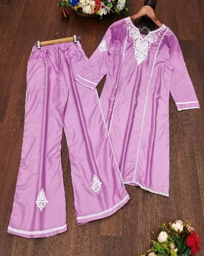 Pink Rayon Lucknowi Work Kurti Pant Set Of 2