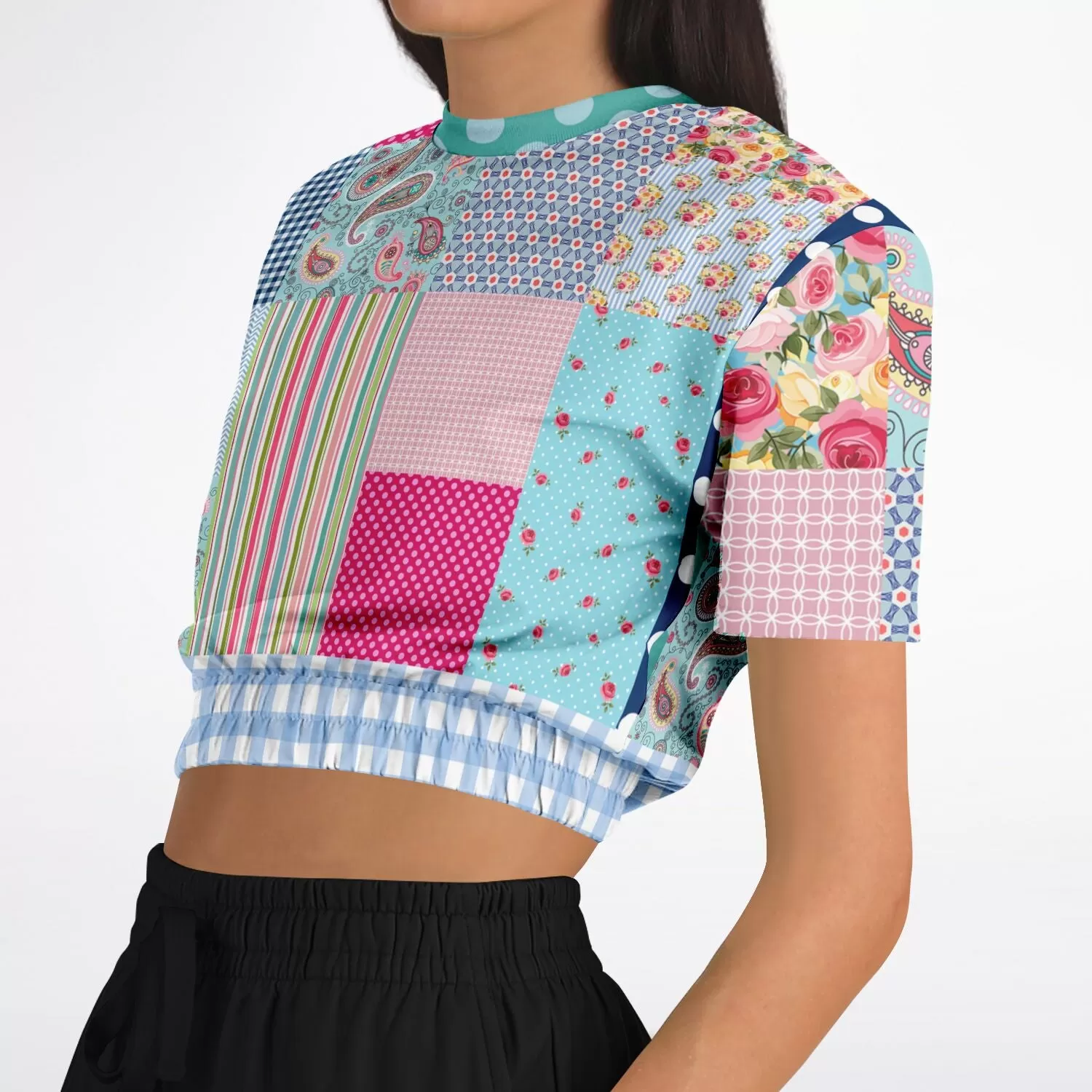 Pink Sherbert Floral Patchwork Plaid Short Sleeve Cropped Eco-Poly Sweater