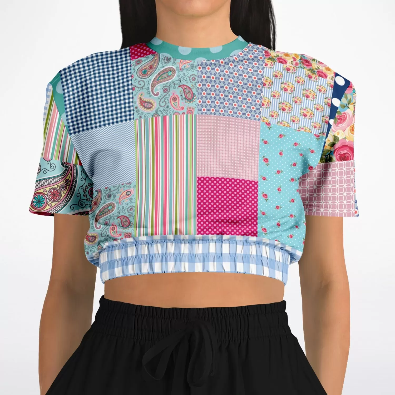 Pink Sherbert Floral Patchwork Plaid Short Sleeve Cropped Eco-Poly Sweater