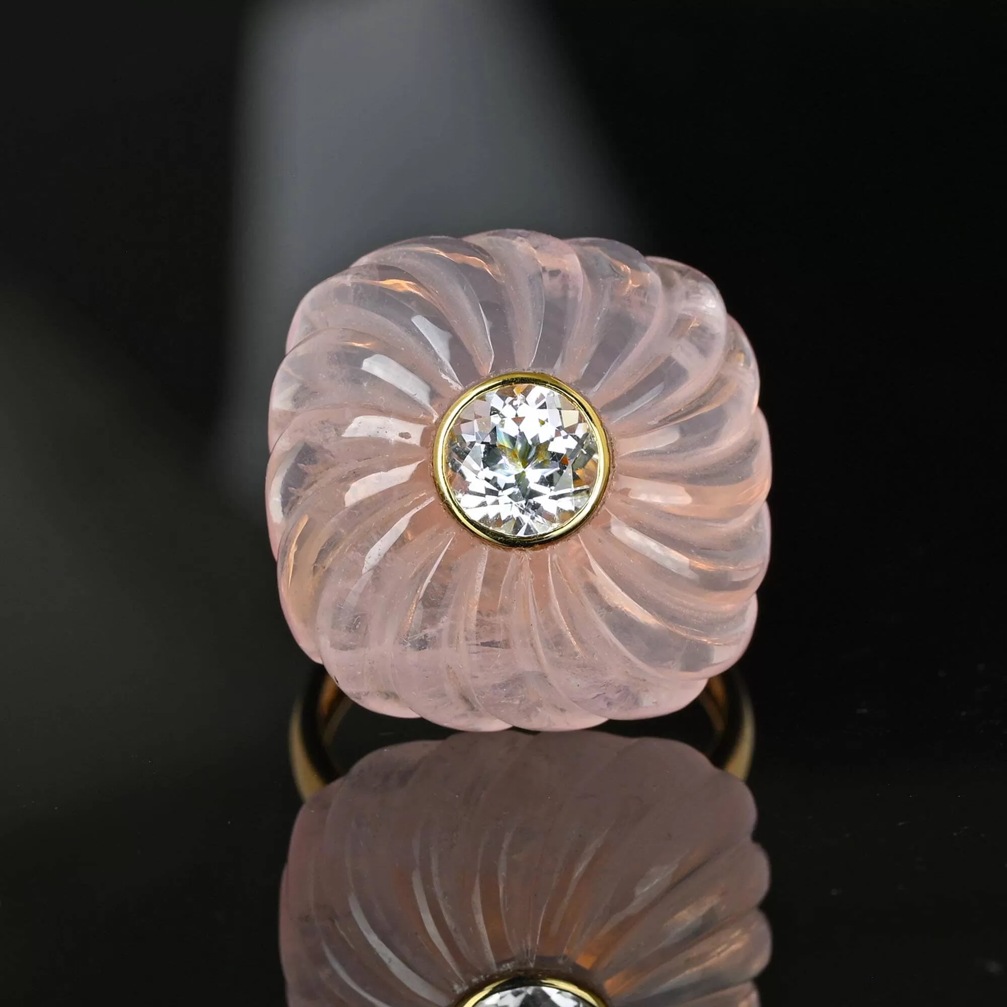 Pinwheel Carved Rose Quartz Blue Topaz Ring in 14K Gold