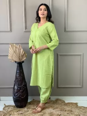 Pista Green Monochrome Slub Cotton Afghani Kurti Set Of 2