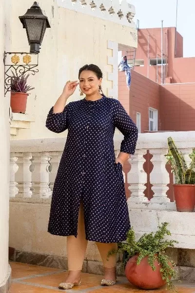 Plus Size Dark Blue Front Slit Princess Cut 'A' Line Kurti