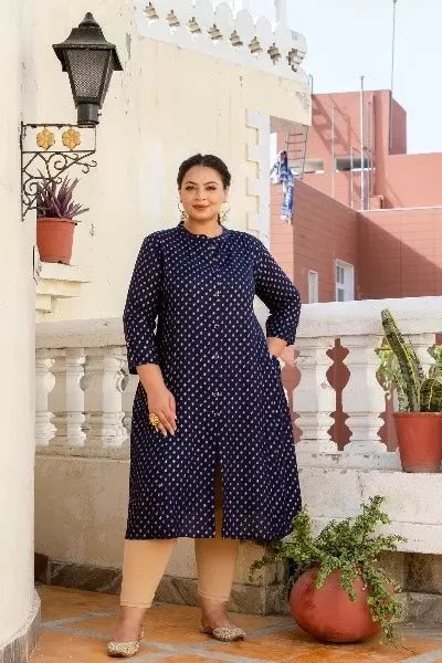 Plus Size Dark Blue Front Slit Princess Cut 'A' Line Kurti