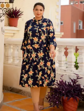 Plus Size Navy Blue  Handblock Kurti