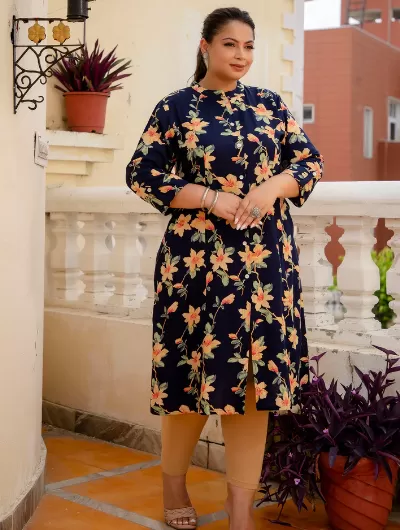 Plus Size Navy Blue  Handblock Kurti