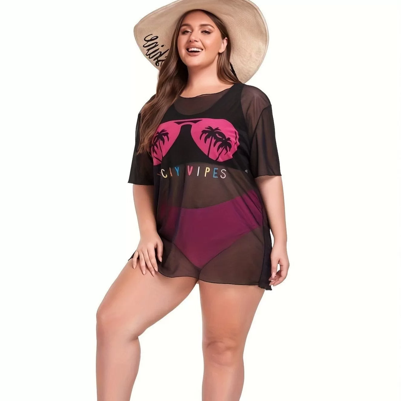 Plus Size Women's Bikini Set With Loose Mesh Cover Up Coconut Trees 3-Pieces Bikini Mesh Swimsuits