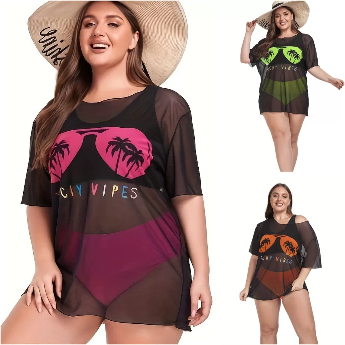 Plus Size Women's Bikini Set With Loose Mesh Cover Up Coconut Trees 3-Pieces Bikini Mesh Swimsuits