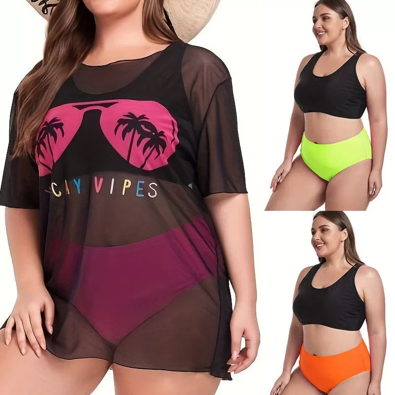 Plus Size Women's Bikini Set With Loose Mesh Cover Up Coconut Trees 3-Pieces Bikini Mesh Swimsuits