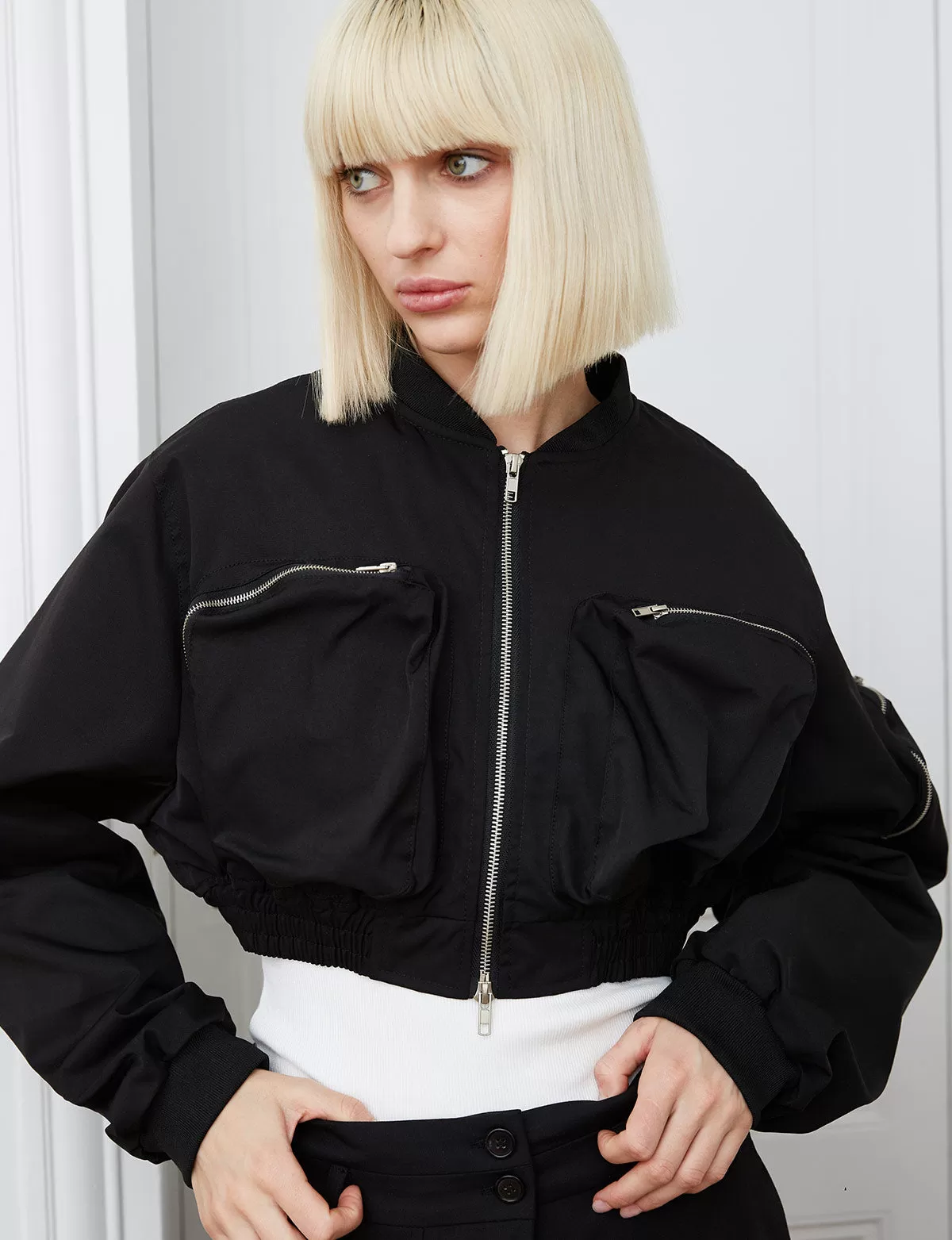 Pouch-Pocket Crop Bomber Jacket