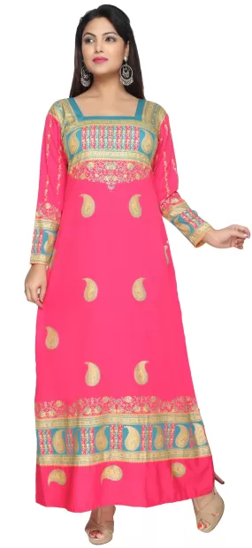 Printed Long Sleeve Women's Caftan Long Evening Dress (Pink)