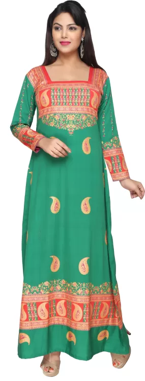 Printed Women's Caftan Long Evening Dress Long Sleeve (Green)