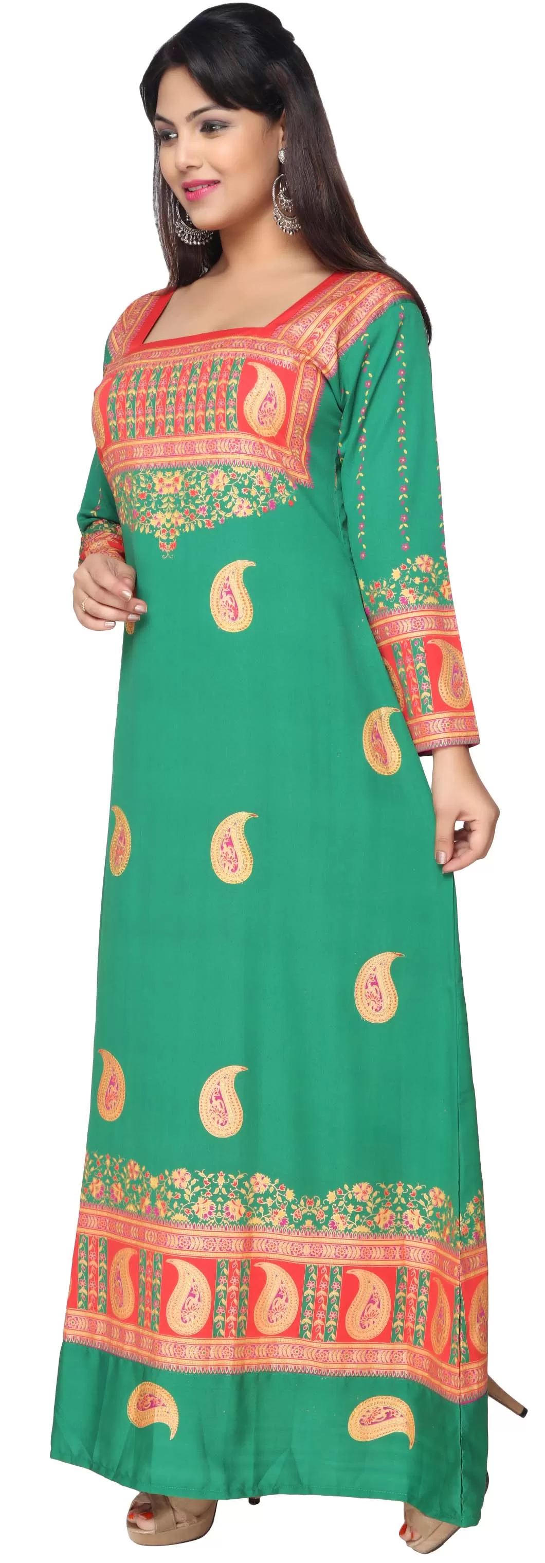 Printed Women's Caftan Long Evening Dress Long Sleeve (Green)