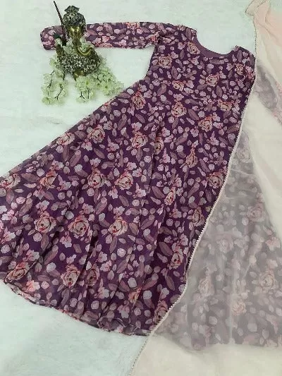 Purple Floral Print Georgette Anarkali With Dupatta Set Of 2