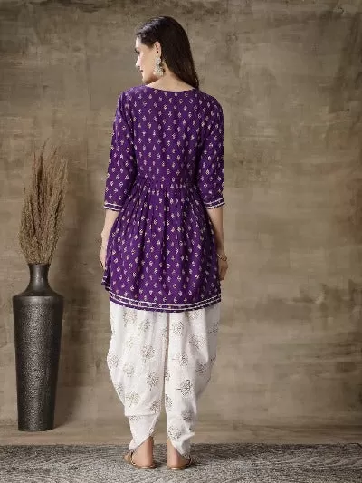 Purple Rayon Gold Printed Kurti With Dhoti Pant Set Of 2