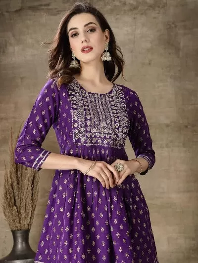 Purple Rayon Gold Printed Kurti With Dhoti Pant Set Of 2