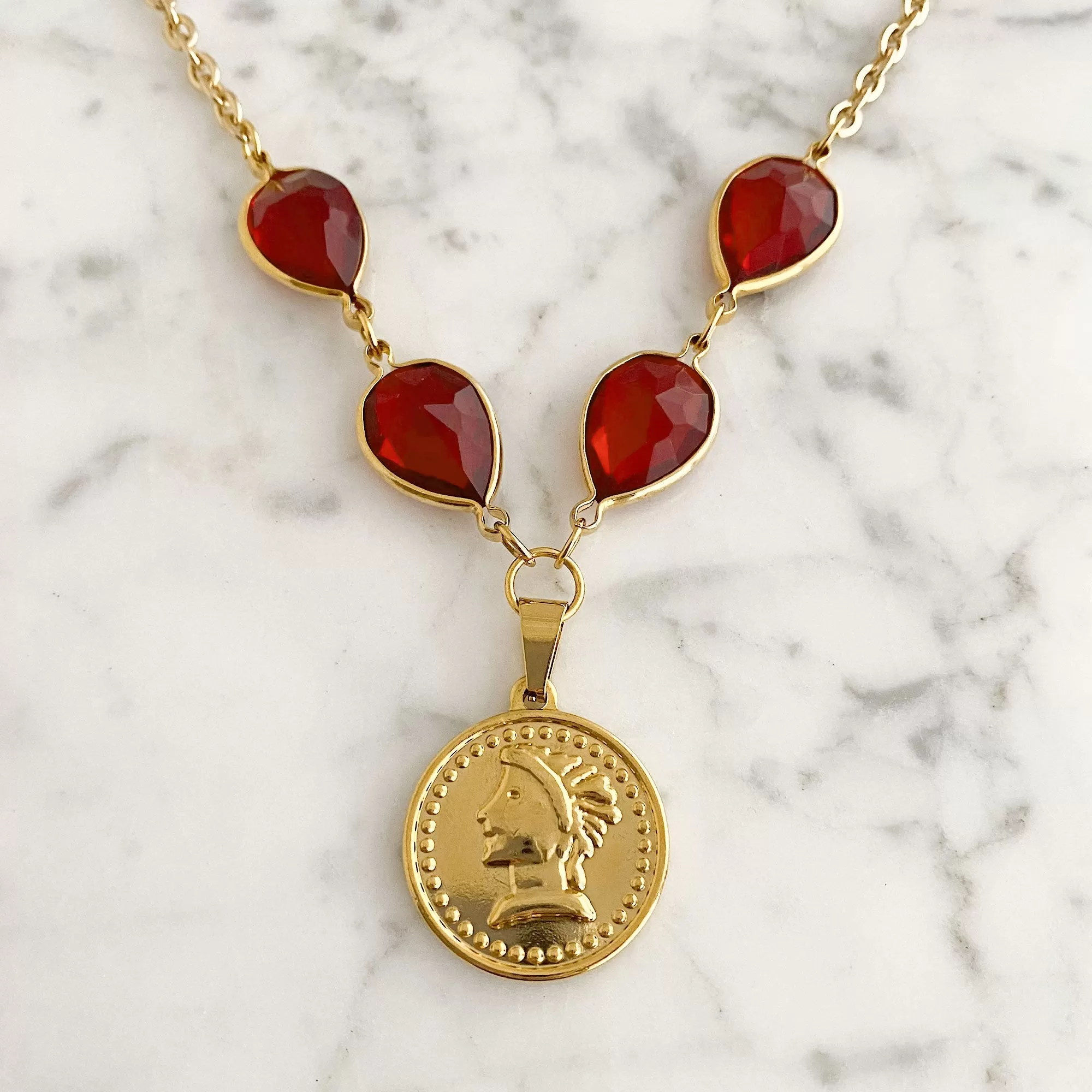 QUINN red crystal gold coin necklace