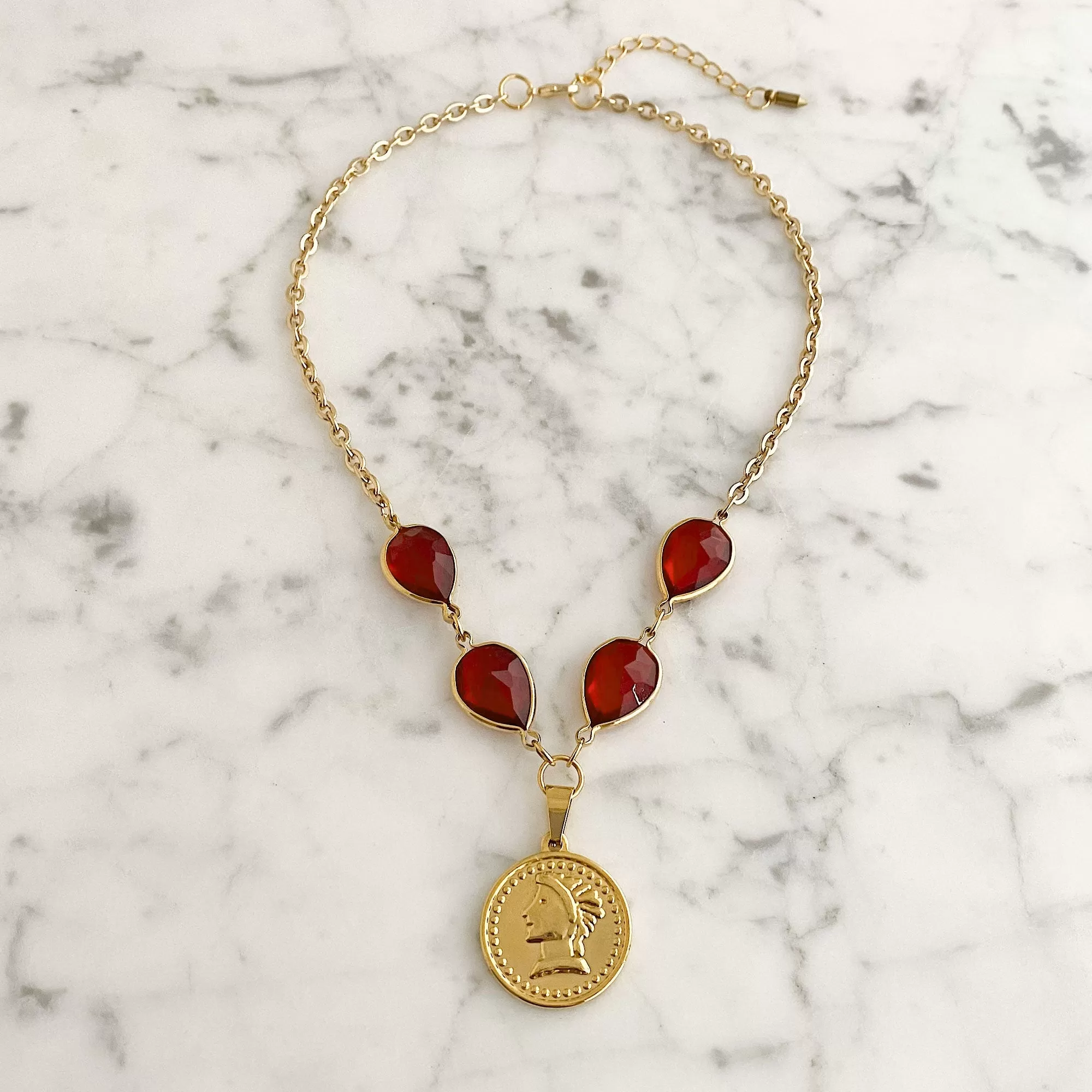 QUINN red crystal gold coin necklace