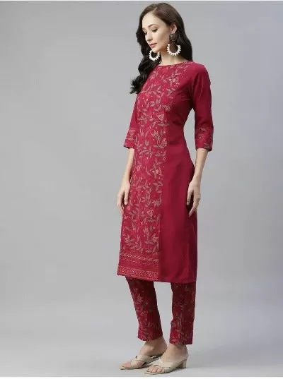 Red Rayon Foil Print Kurti Pant Set Of 2