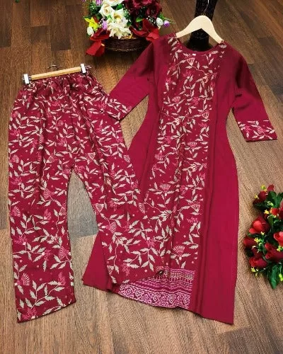 Red Rayon Foil Print Kurti Pant Set Of 2