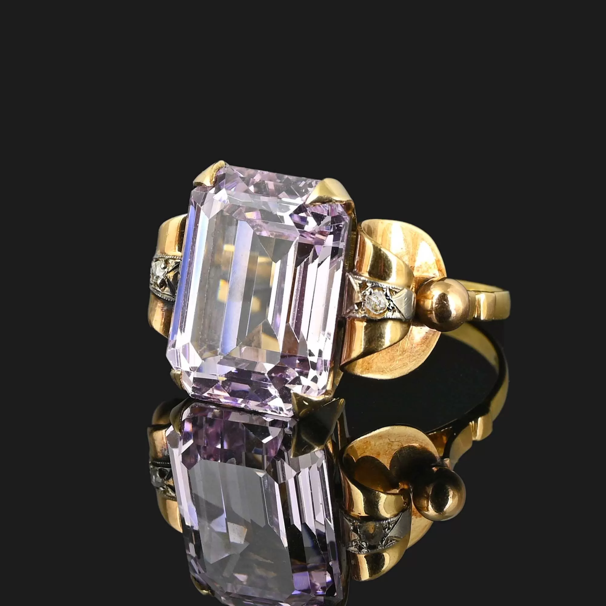 Retro 18K Gold Large Kunzite Ring w Diamond