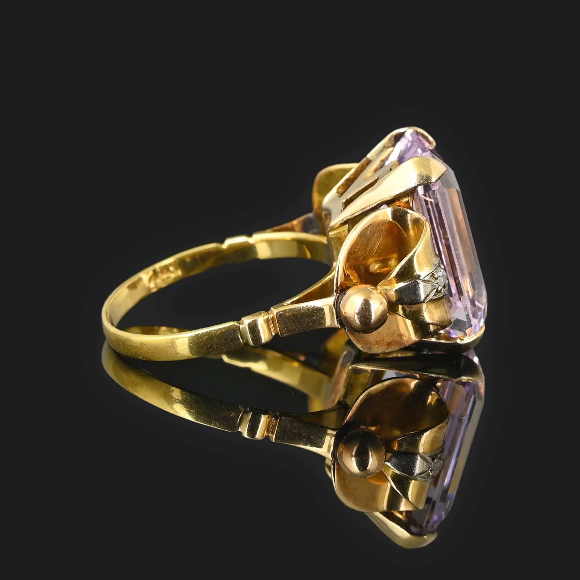 Retro 18K Gold Large Kunzite Ring w Diamond