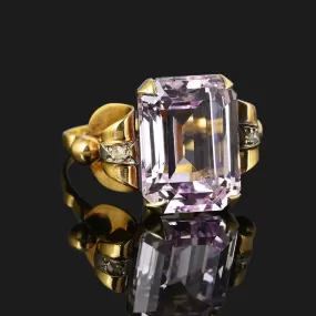 Retro 18K Gold Large Kunzite Ring w Diamond