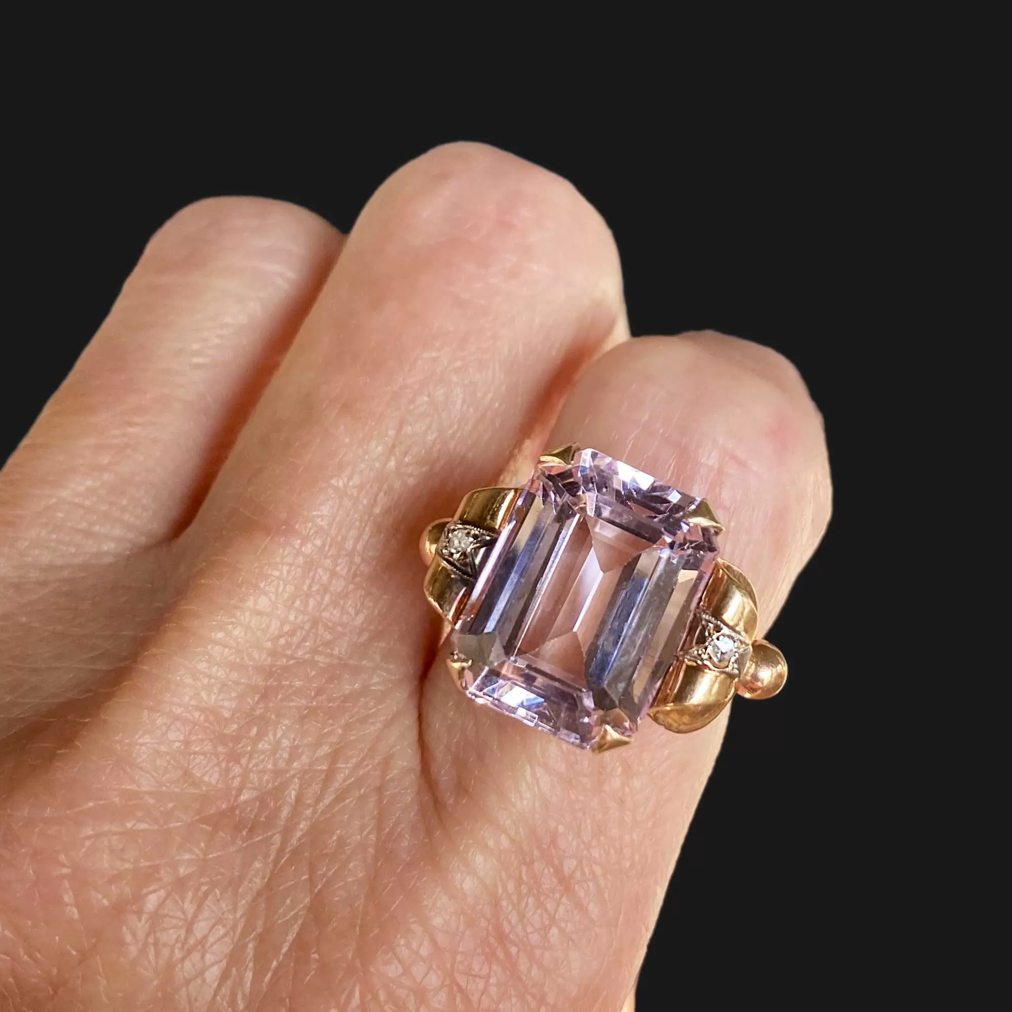 Retro 18K Gold Large Kunzite Ring w Diamond