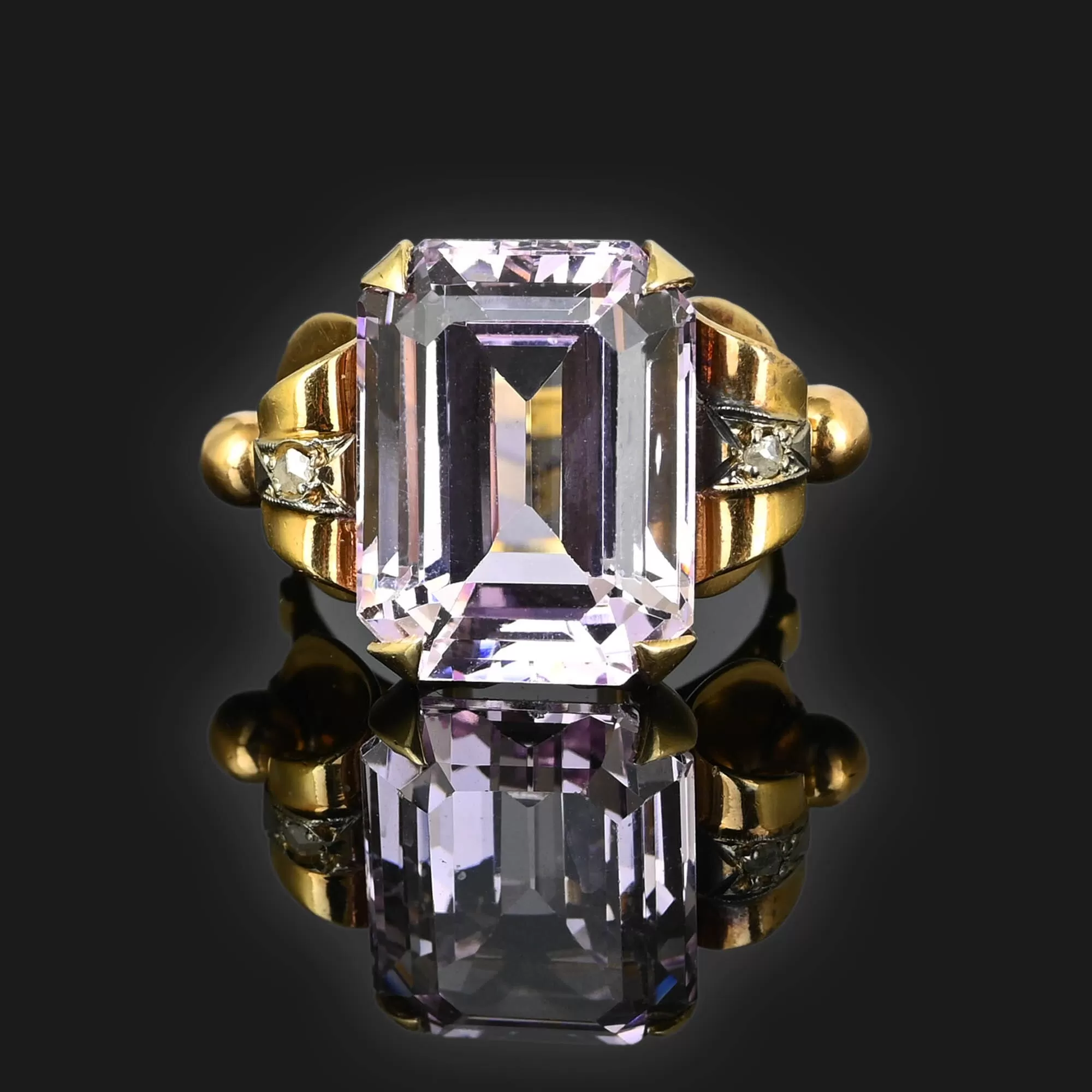 Retro 18K Gold Large Kunzite Ring w Diamond