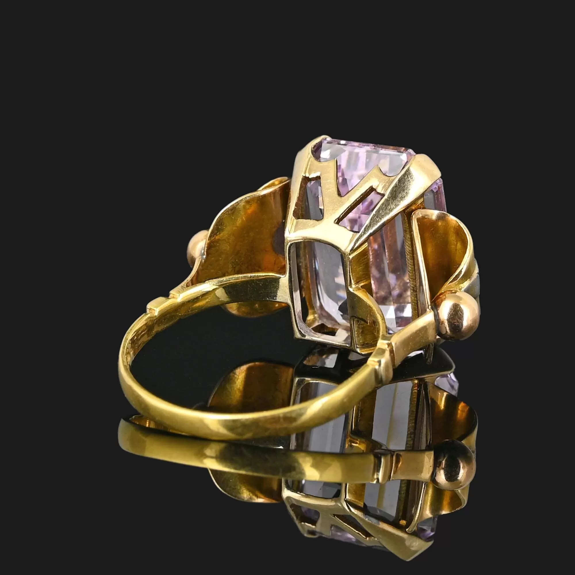 Retro 18K Gold Large Kunzite Ring w Diamond