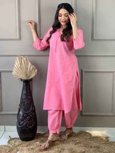 Rose Pink Monochrome Slub Cotton Afghani Kurti Set Of 2