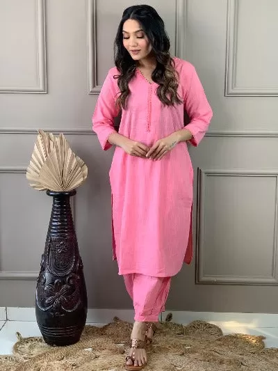 Rose Pink Monochrome Slub Cotton Afghani Kurti Set Of 2