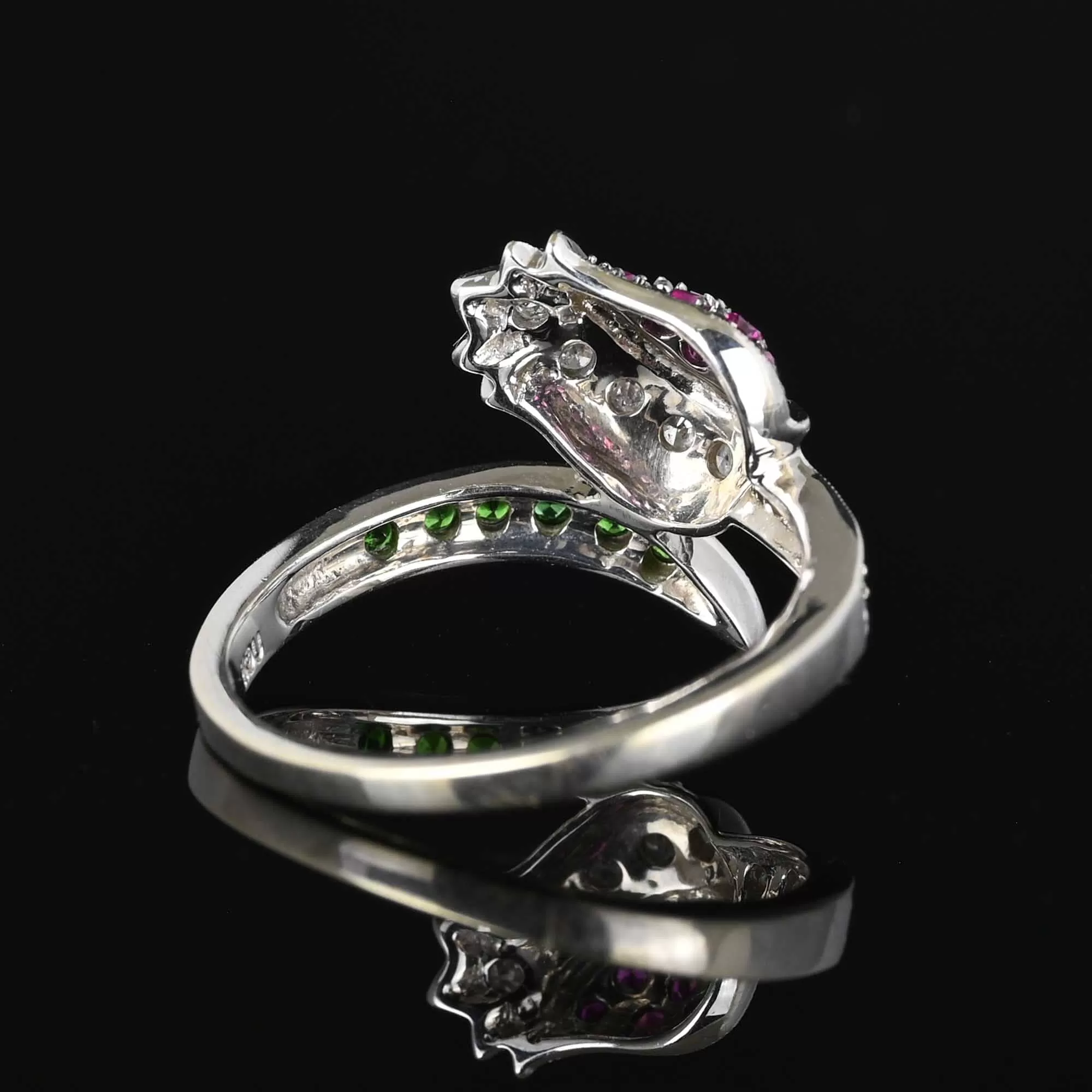 Ruby Diamond Green Sapphire Tulip Ring in 14K White Gold