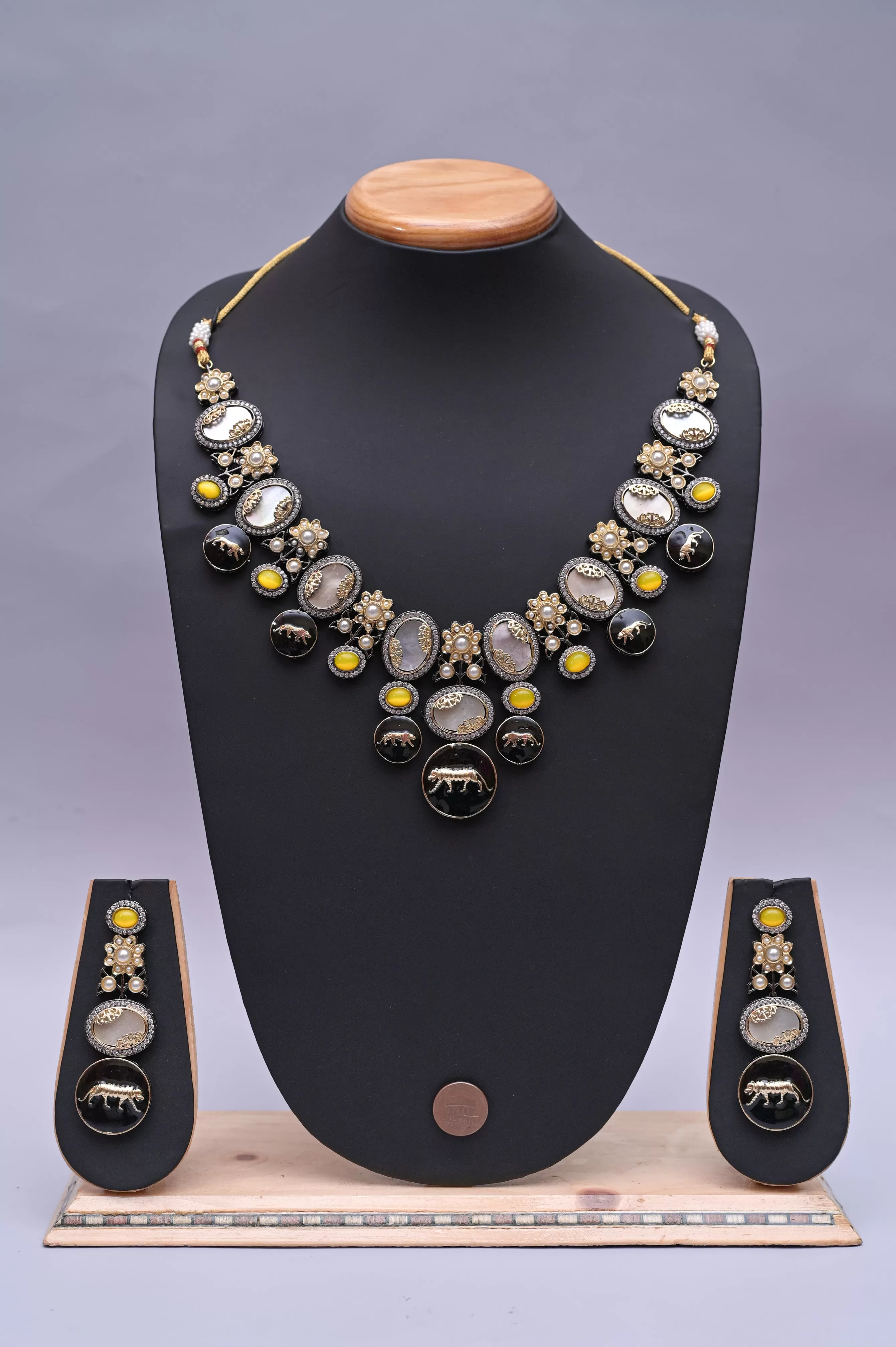 Sabyasachi Inspired Collar Style Necklace Set with Monalisa Stone Work and Mother Pearl