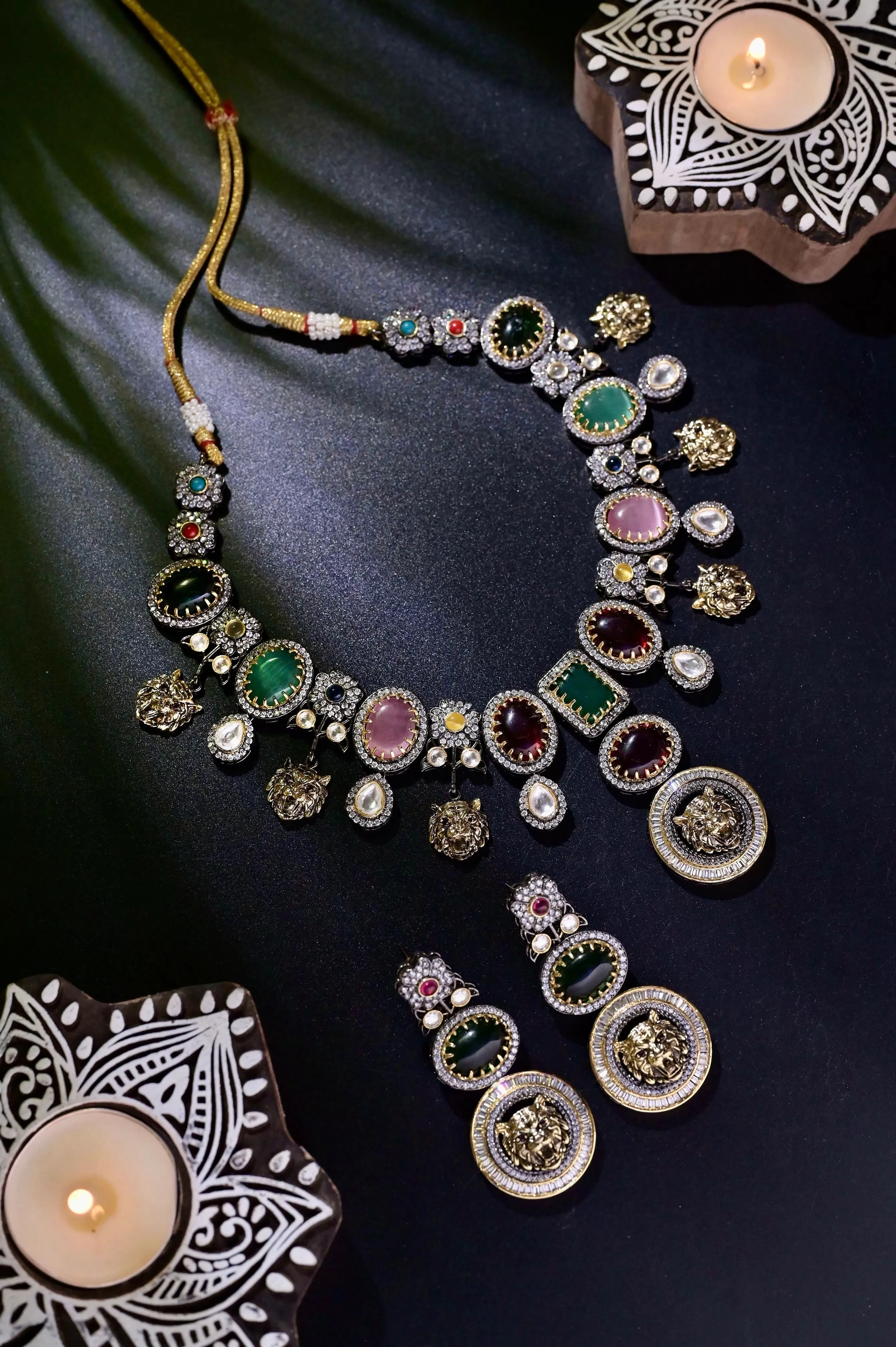 Sabyasachi Inspired Monalisa Stone Work Double Layered Necklace Set