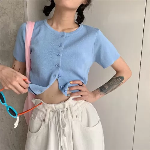 Short Sleeve Knitted Crop Top - Sky blue