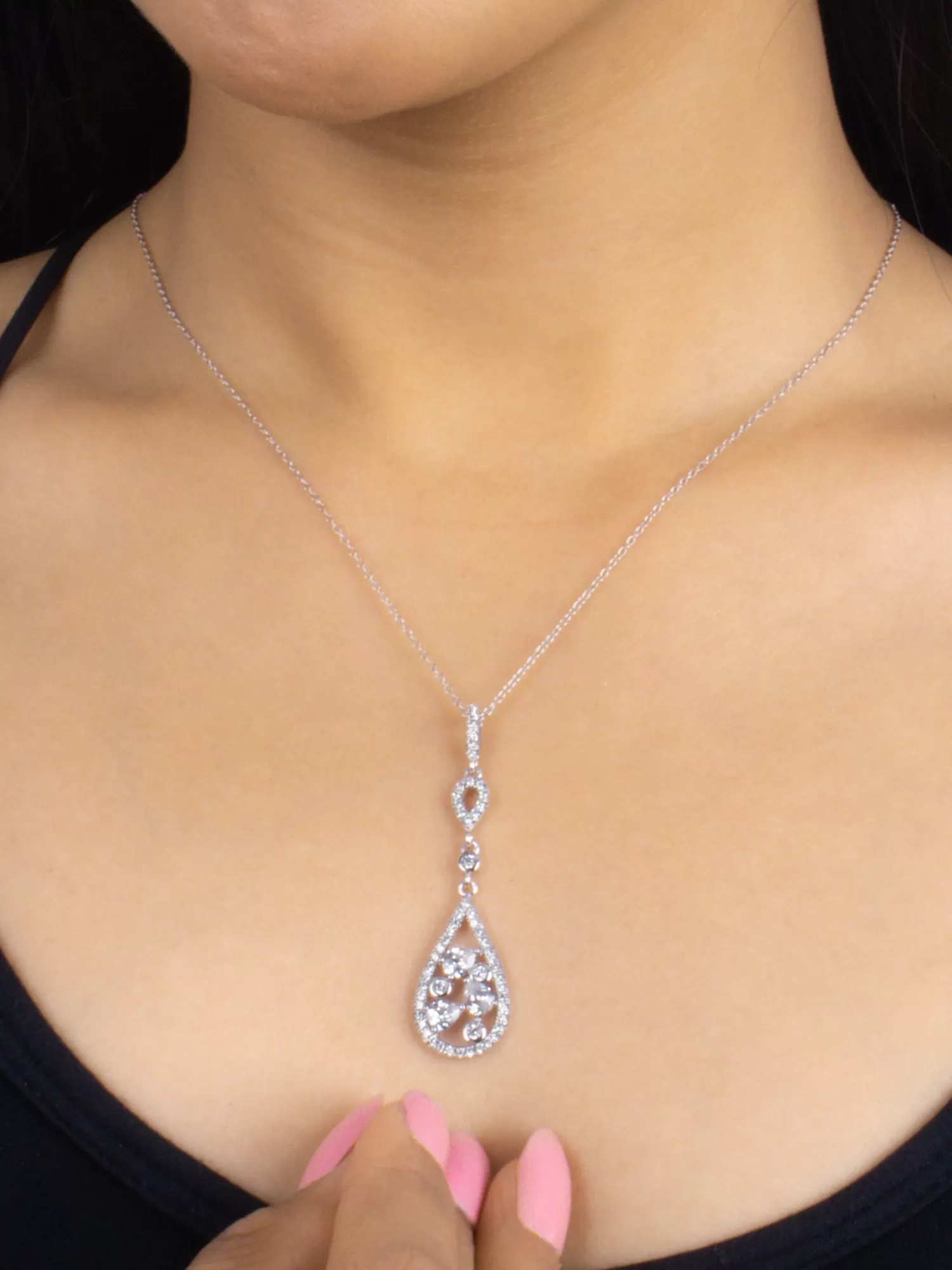 Silver American Diamond Water Drop Necklace