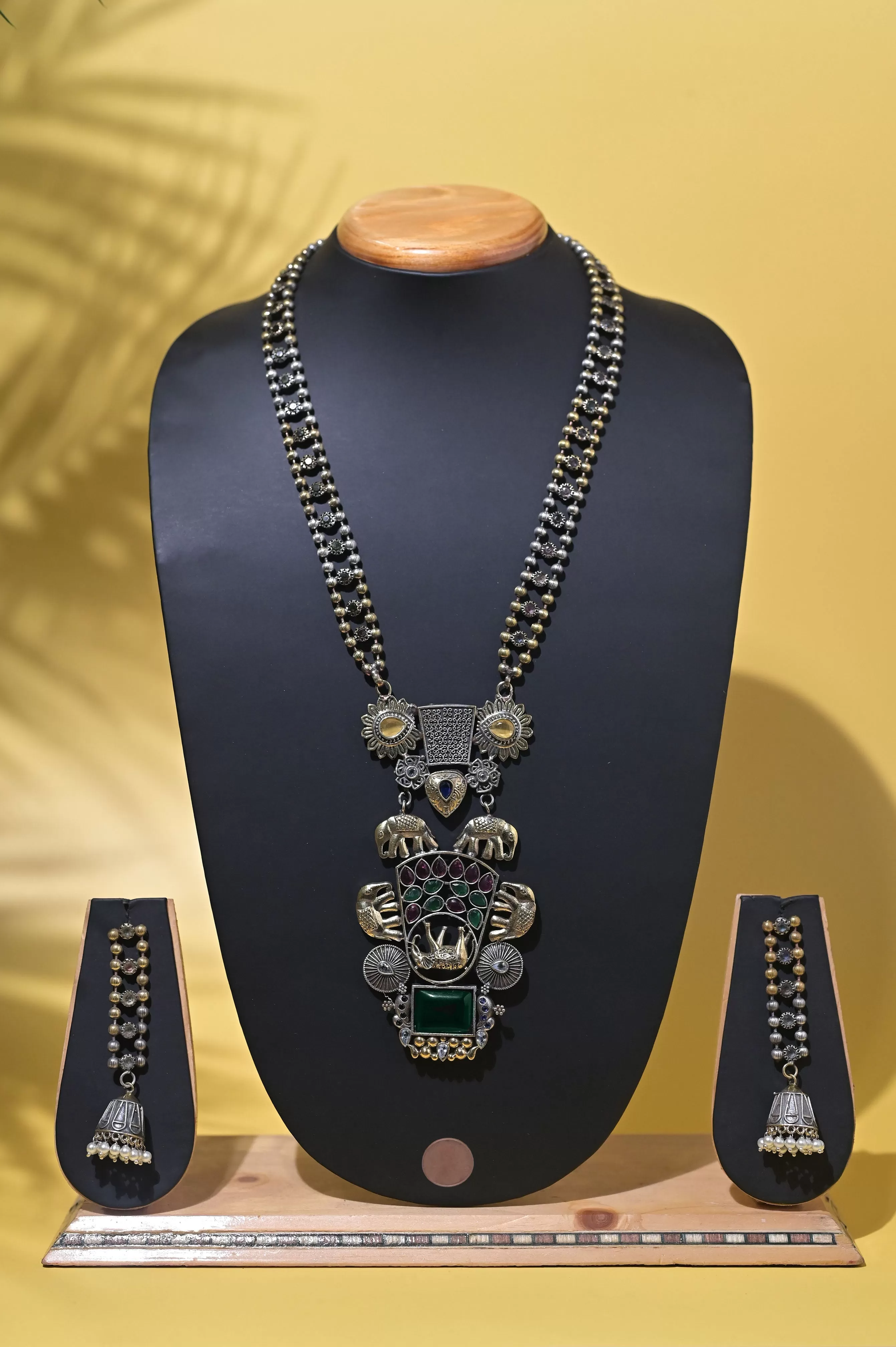 Silver and Golden Dual Tone Boho Long Collar Necklace Set with Monalisa and AD Stone Work