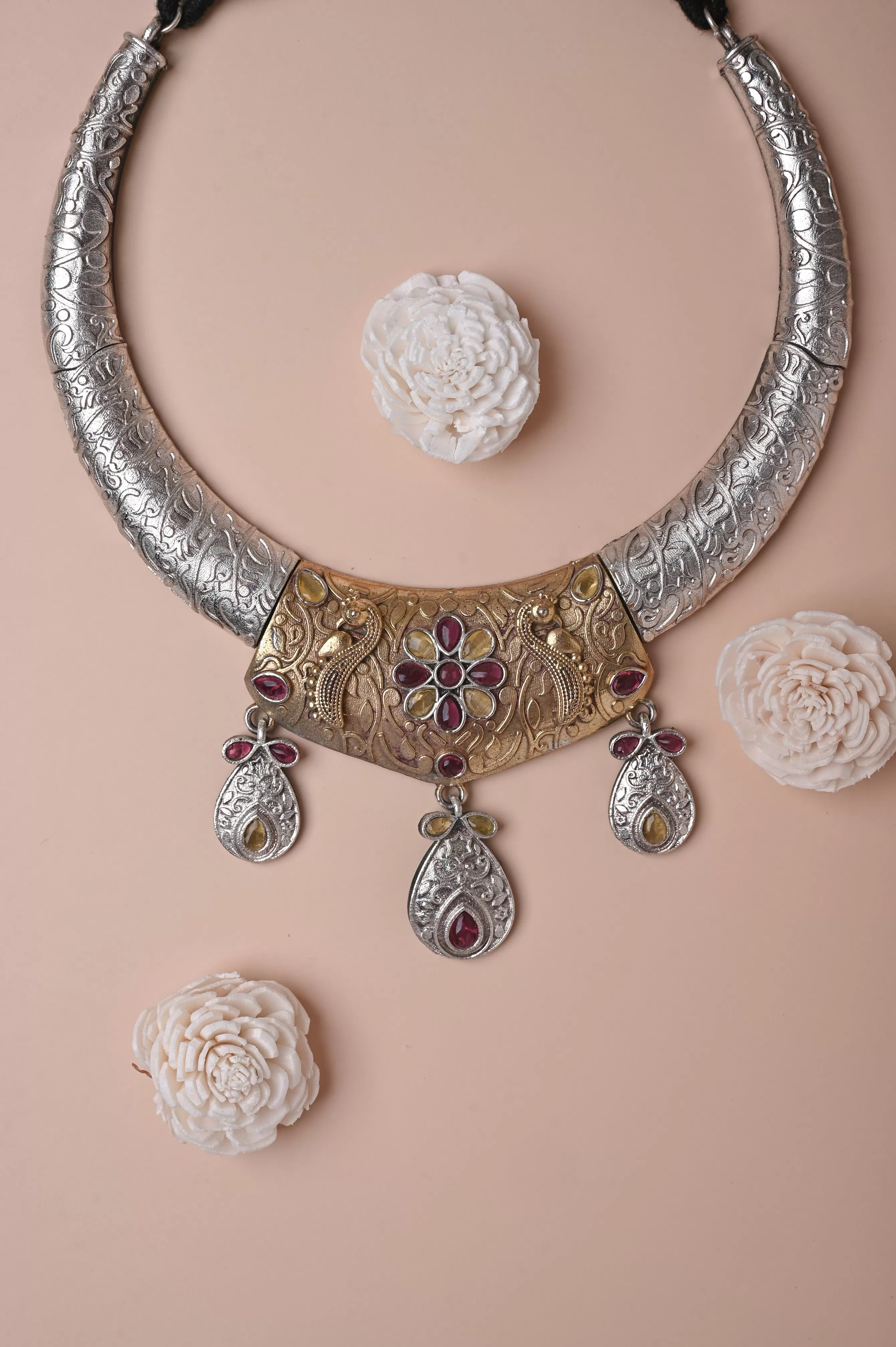 Silver and Golden Dual Tone Hansuli Collar Necklace with Monalisa Stone