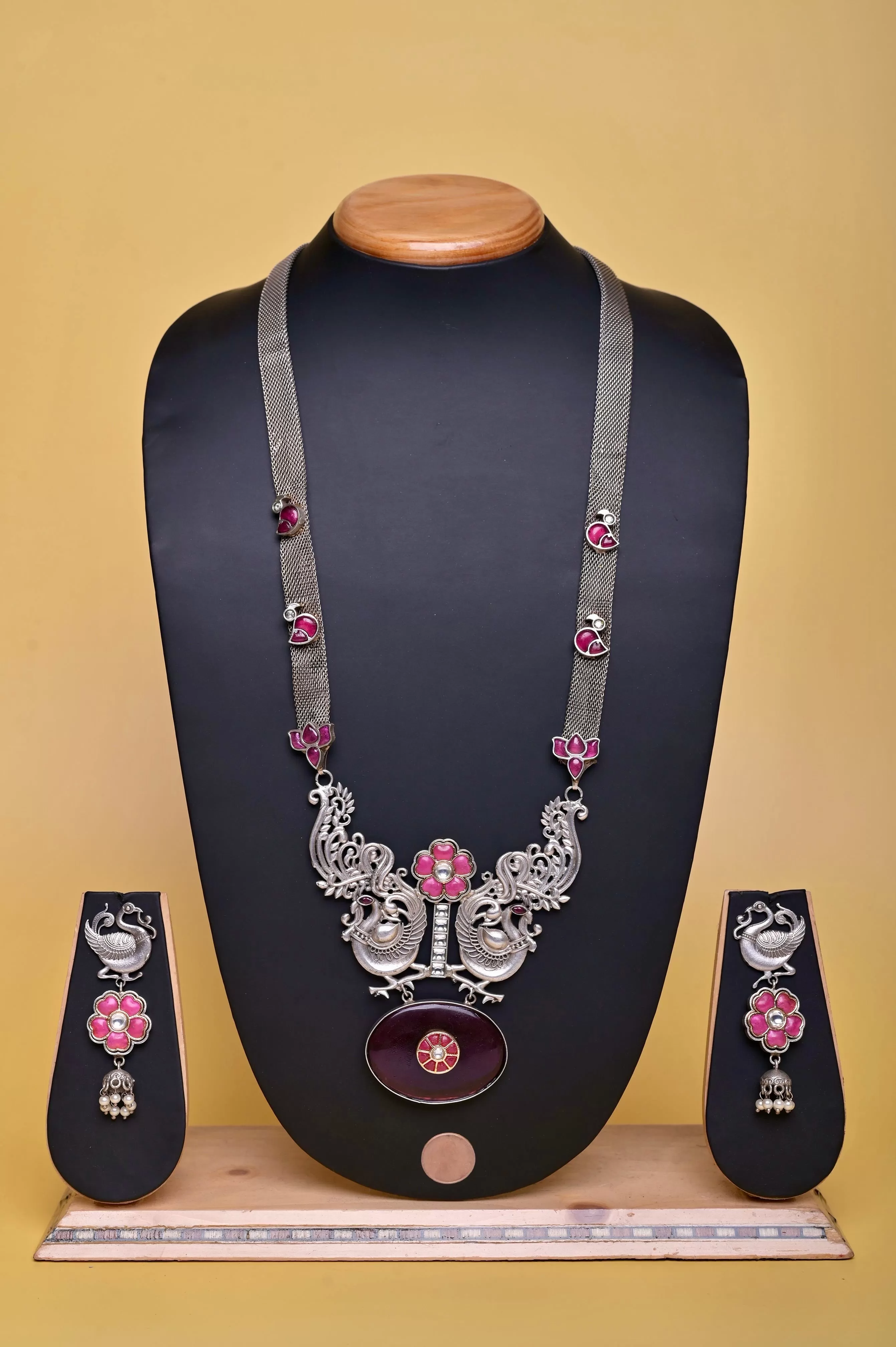 Sitahar Style Silver Necklace Set with Pachi Kundan Work