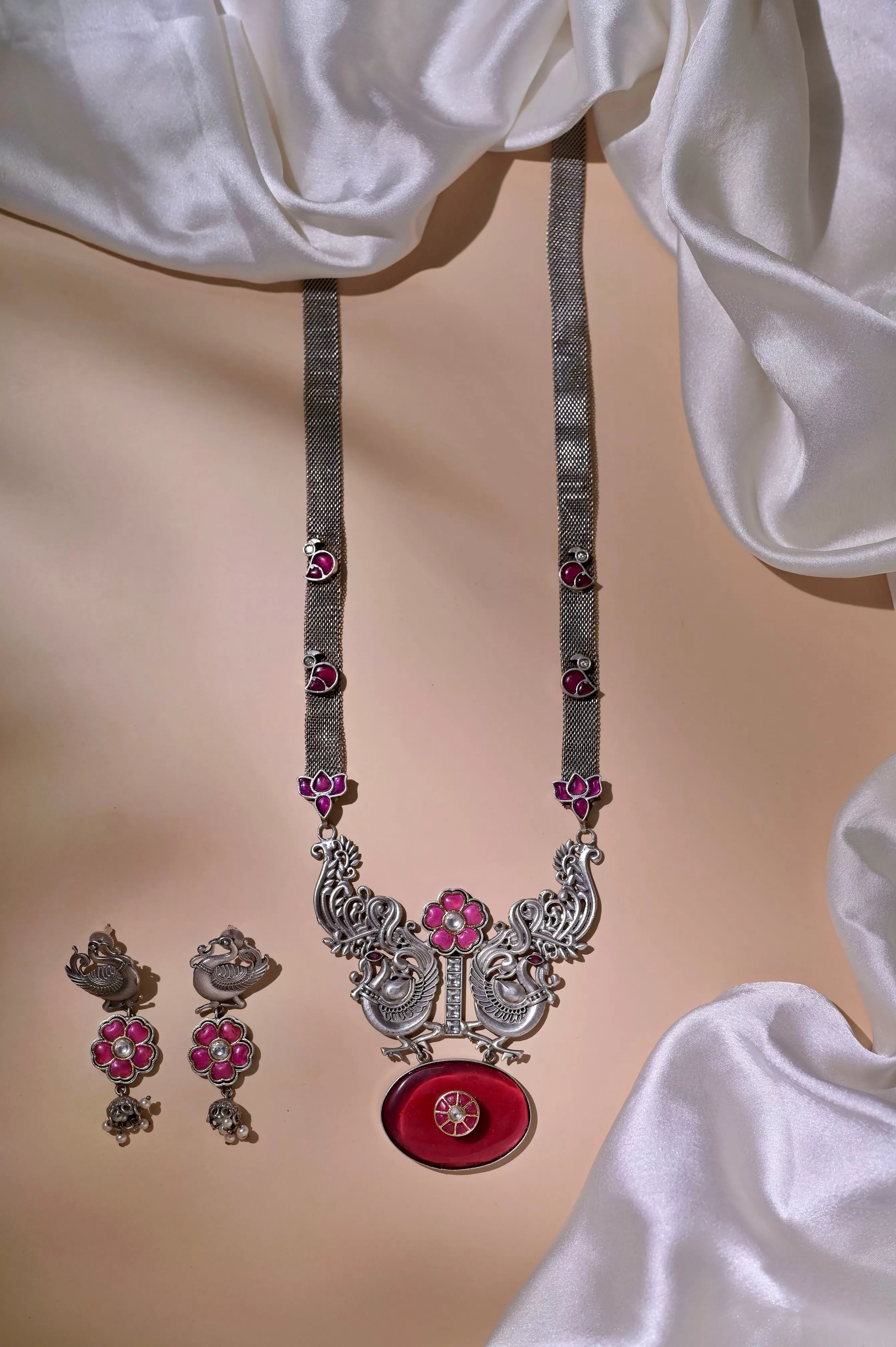 Sitahar Style Silver Necklace Set with Pachi Kundan Work