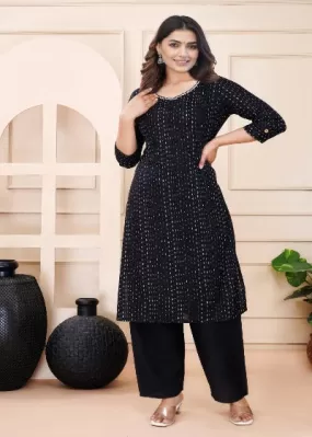 Solid Black A-Line Rayon Kurti Pant Set