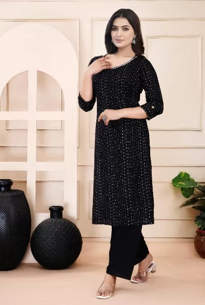 Solid Black A-Line Rayon Kurti Pant Set